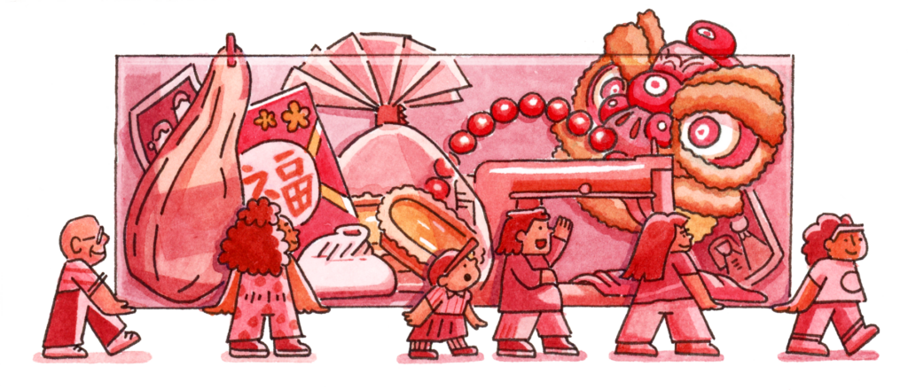 People carry a box full of cultural memories: Chinese red envelopes, lion dancing costumes, fruit, bao, jewelry, and more.